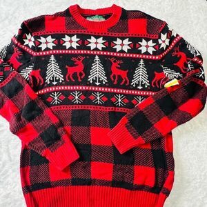 Ugly Christmas Sweater Womens Red Black Reindeer Plaid Knit Sweater Medium NWOT